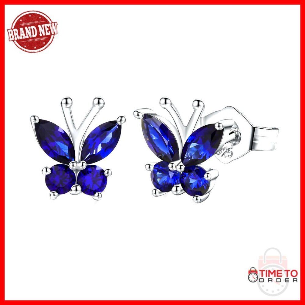 Sterling Silver Butterfly Stud Earrings with Sapphire Gemstones